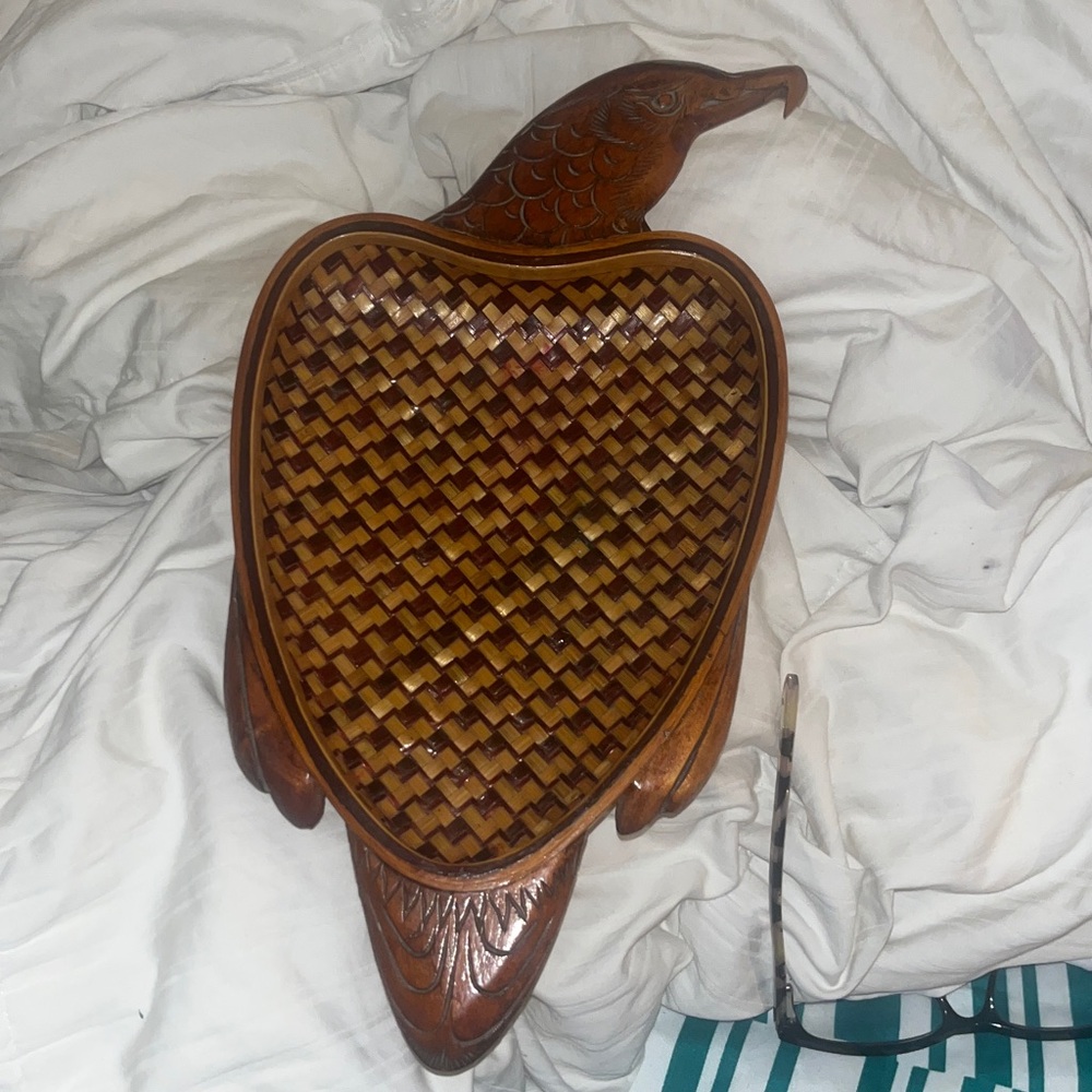 Vintage Wood & Rattan Hand Carved Eagle Basket/Tray